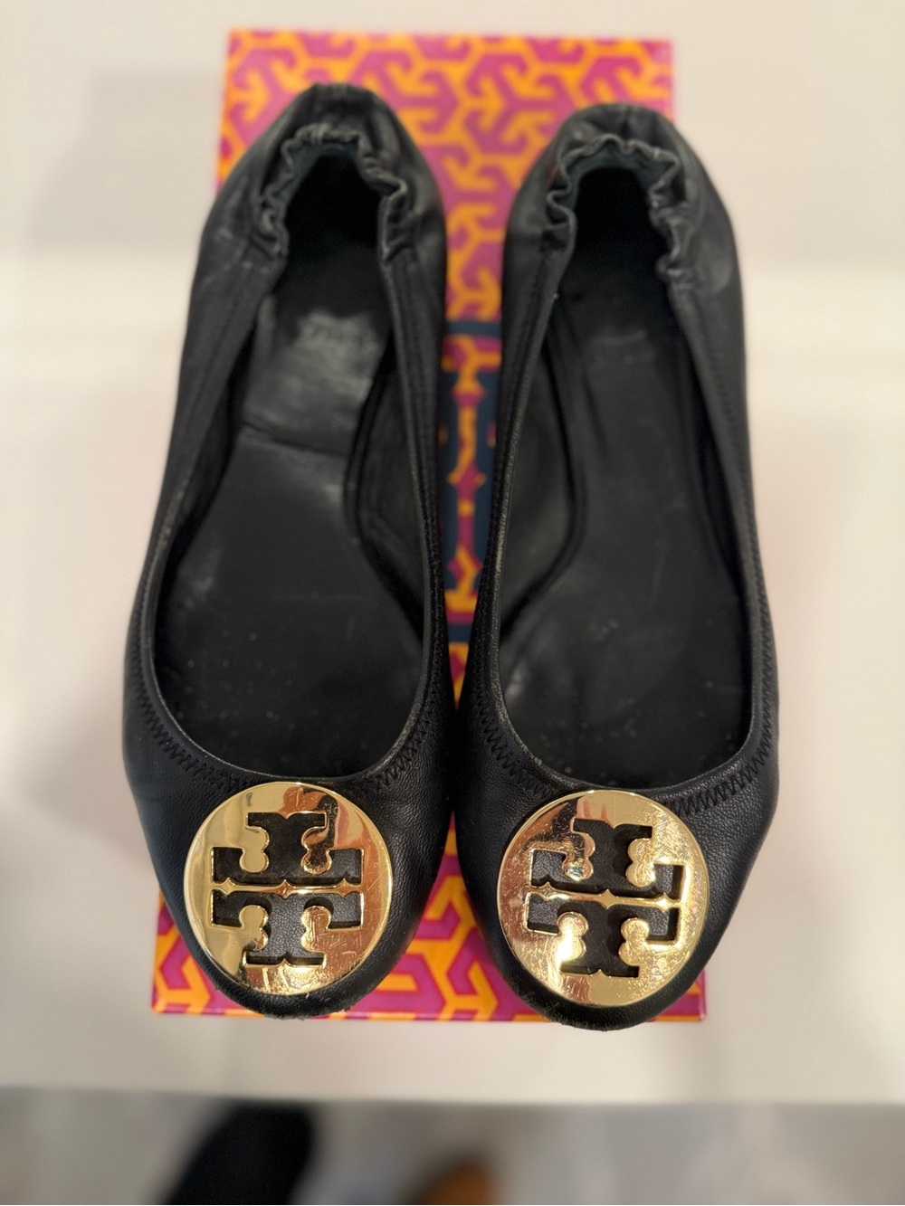 Tory Burch Black Leather Ballet Flats with Gold Logo Medallion